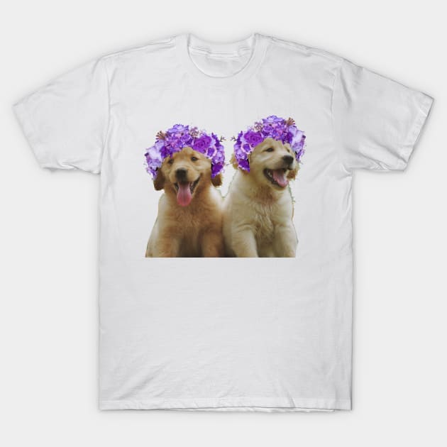 Cute golden retriever flower crowns T-Shirt by Sarahsartfulstudies